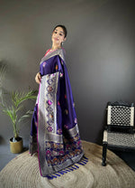 Thumbnail for Joban Fashion Royal Blue Elephant & Floral Motifs Soft Lichi Silk Banarasi Saree - Distacart