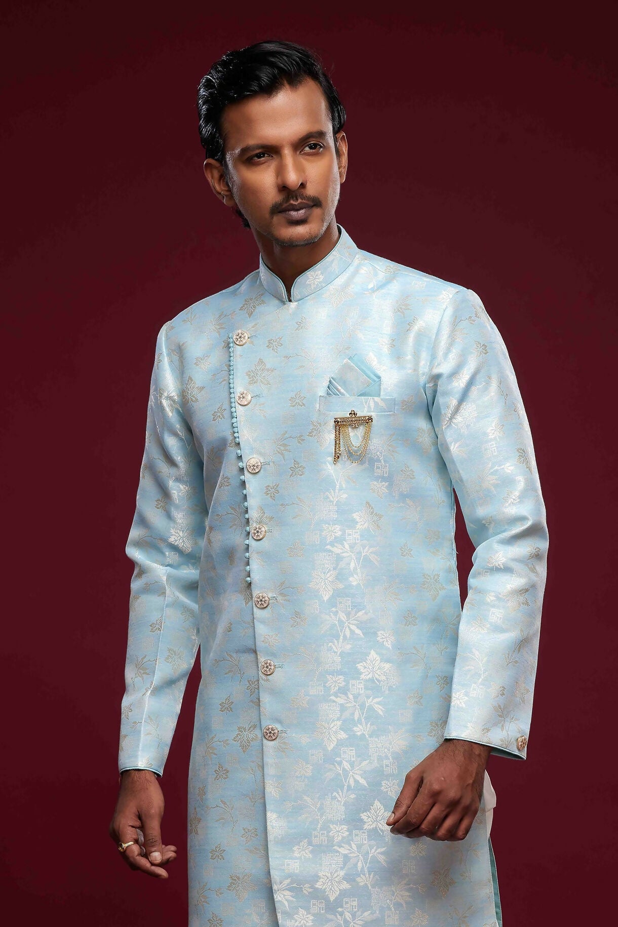 Raivat Ethnic Banarasi Jacquard Embroidery Semi Indo Western Sherwani In Sky Blue Colour