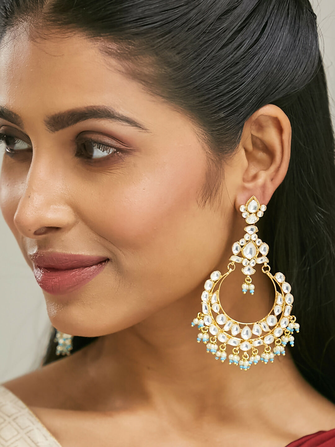 Nuyug 22K Gold-Plated Kundan Stone Studded & Pearl Beaded Chandbalis