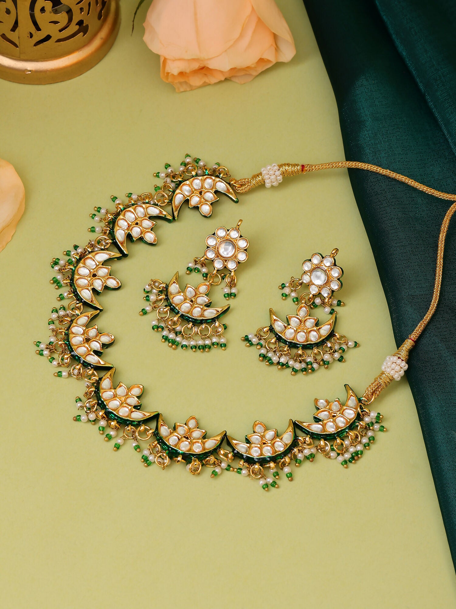 Ruby Raang Gold Polished Kundan Work Gold Half Moon Kundan Necklace With Earrings