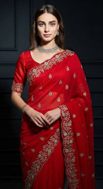 Thumbnail for Joban Fashion Red Fandy Satin Silk Party Wear Sarees - Distacart