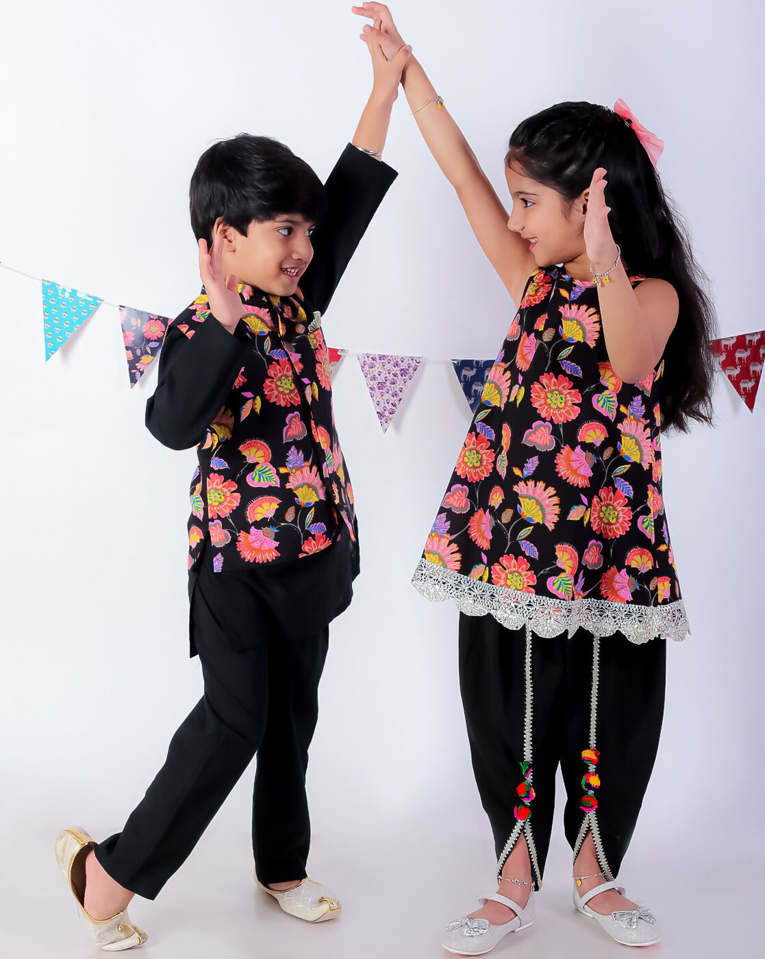 Lil Drama Jaipur Print Stylish Cotton Kurta with Dhoti Set for Girls - Black - Distacart