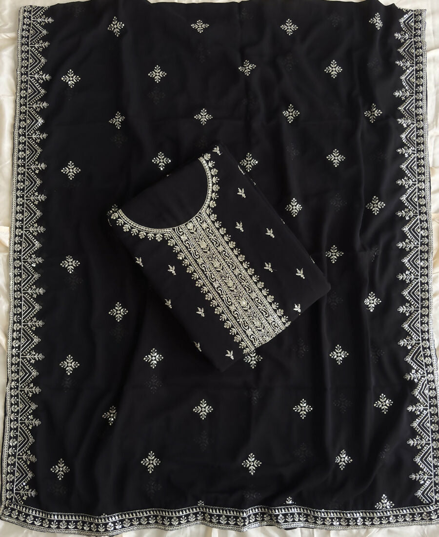 KC Black Georgette Straight Suit With Heavy Embroidery - Dista