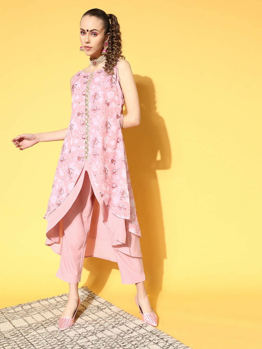 Ahalyaa Women Rose Colour Organza Digital Printed Kurta Pant Set - Distacart