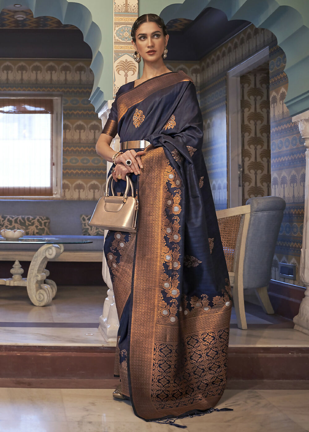 Navy Blue Tussar Banarasi Silk Designer Saree - Emponline - Distacart