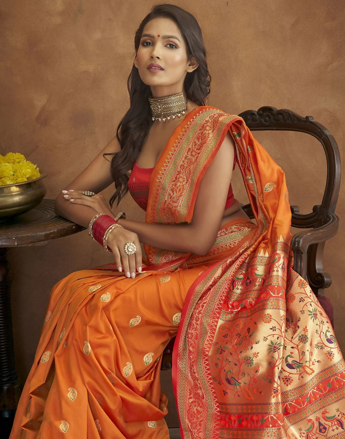 Vastranavya Orange Soft Paithani Silk Saree With Gold Zari Weaving Motifs With Matching Blouse Fabric - Distacart
