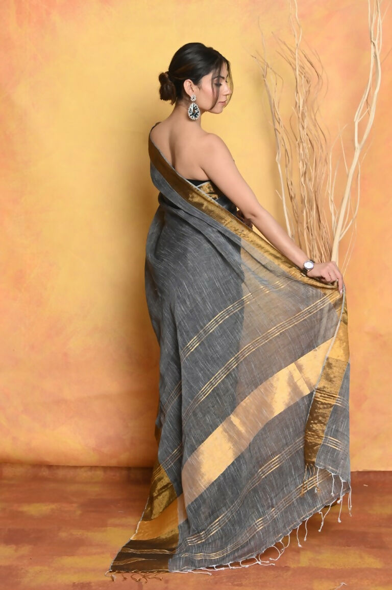 Very Much Indian Handloom Pure Cotton Linen Saree With Golden Border - Grey Gold - Distacart