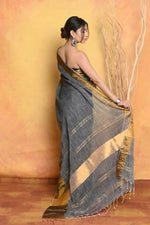 Thumbnail for Very Much Indian Handloom Pure Cotton Linen Saree With Golden Border - Grey Gold - Distacart