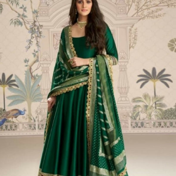 Anaita Dark Green Vichitra Silk Anarkali Suit with Embroidery Sequins - Distacart