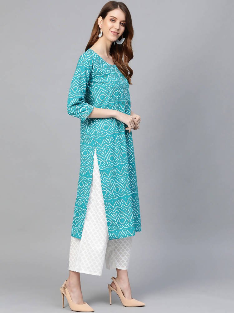 Anubhutee Turquoise Blue & White Bandhani Print Kurta with Palazzos - Distacart