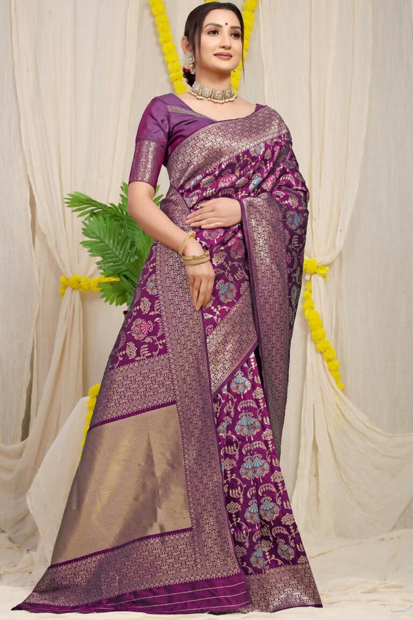 Jyoti Fashion Women's Wine Kanjivaram Silk Zari Woven Saree with Blouse - Distacart
