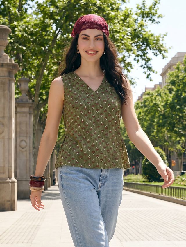 Janasya Olive A-Line Cotton Top - Dista