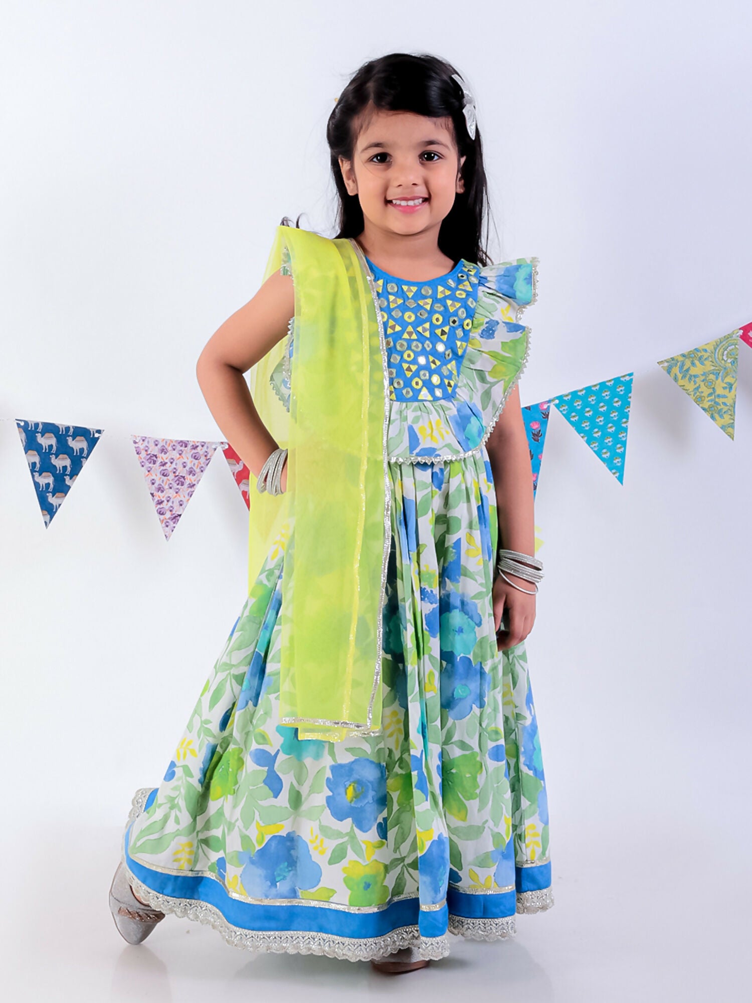 Lil Drama Jaipur Print Stylish Cotton Lehanga with Choli and Net Dupatta Set for Girls - Green - Distacart