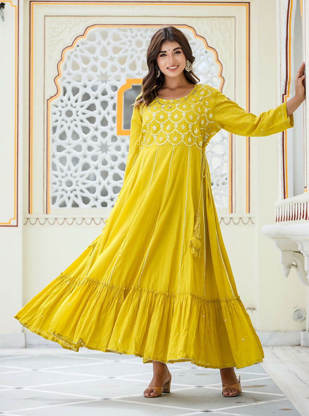 Kaajh Women's Yellow Embroidered Ethnic Gown - Distacart