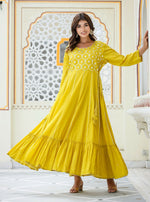 Thumbnail for Kaajh Women's Yellow Embroidered Ethnic Gown - Distacart
