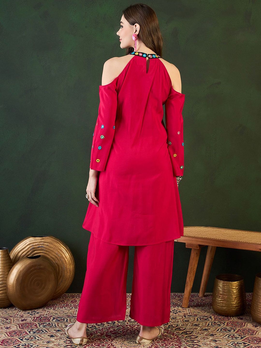 Sangria Embroidered Kurta, Palazzo With Bag Kurta Set