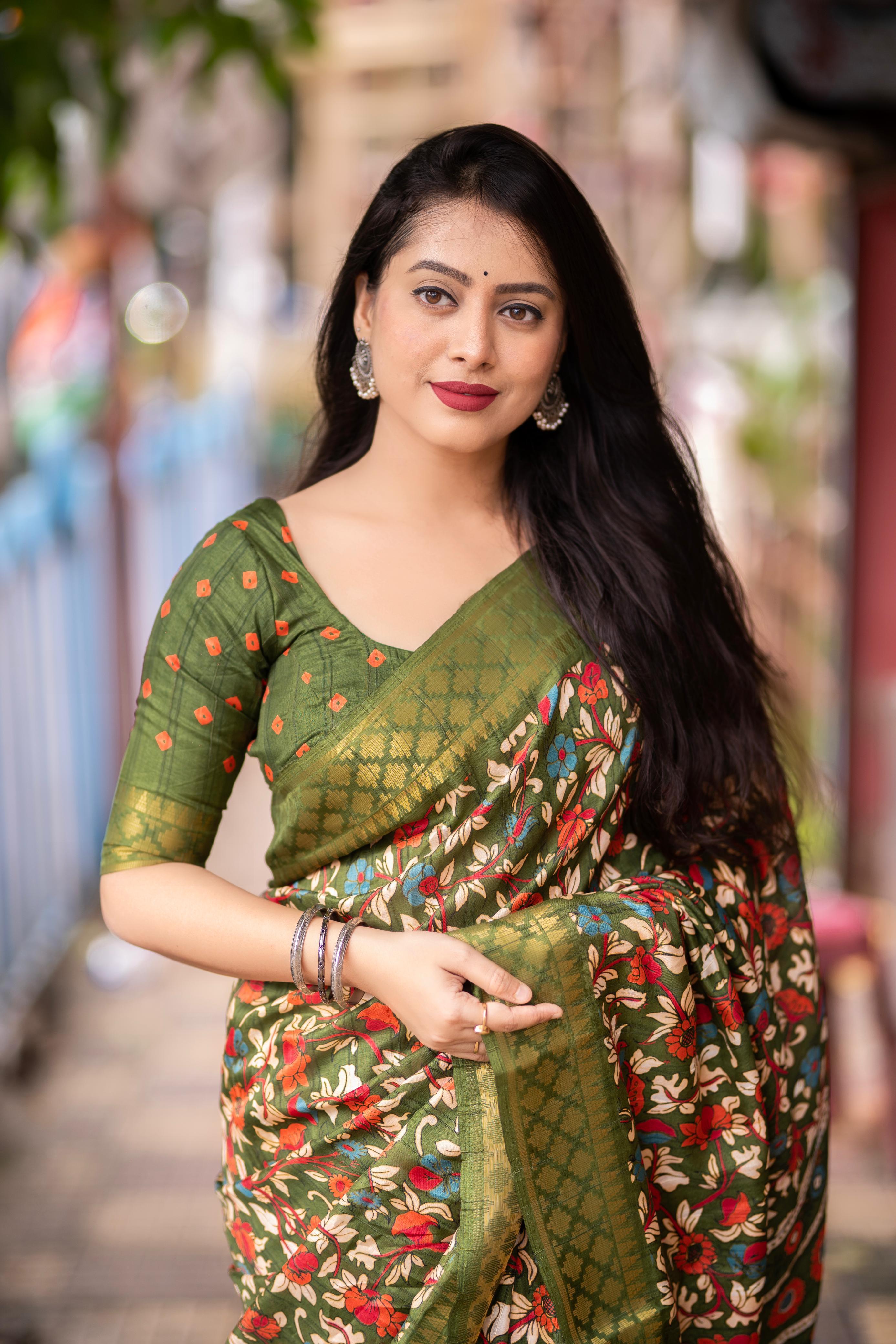 Mehndi Slub Silk Printed Saree with Unstitched Blouse - Hiral Fashion - Distacart