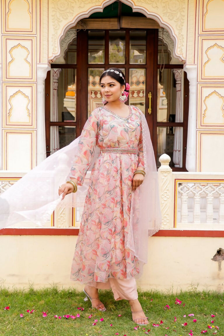 Vaasva Women White Organza Floral Print & Embroidered Anarkali Kurta, Pant & Dupatta set - Distacart