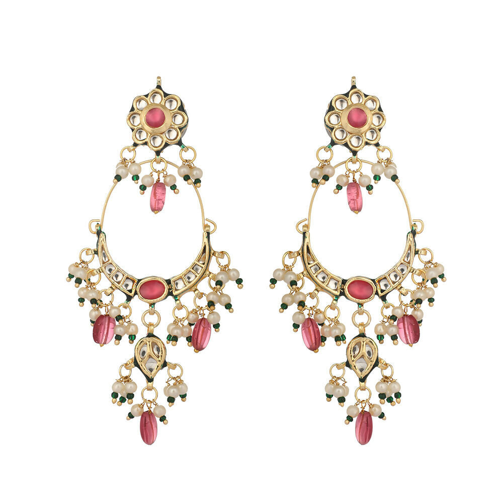 Nuyug 22K Gold Plated Crescent Kundan Drop Pink Stone Chandbali Earrings