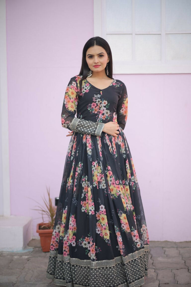 Jyoti Fashion Women's Black Digital Print with Sequence Zari Embroidered Faux Georgette Anarkali Dress - Distacart
