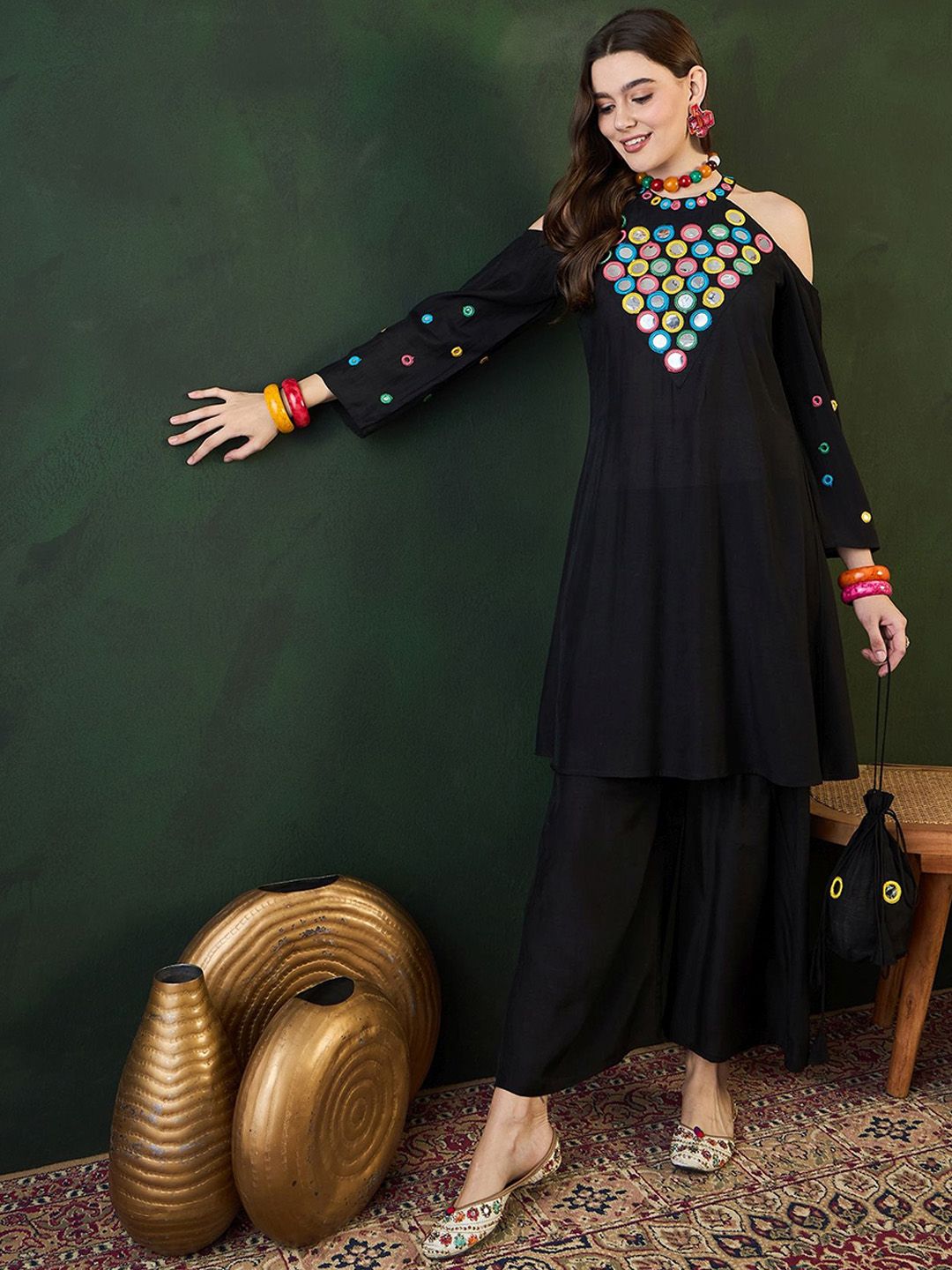 Sangria Embroidered Halter Neck Kurta & Palazzo With Bag - Distacart