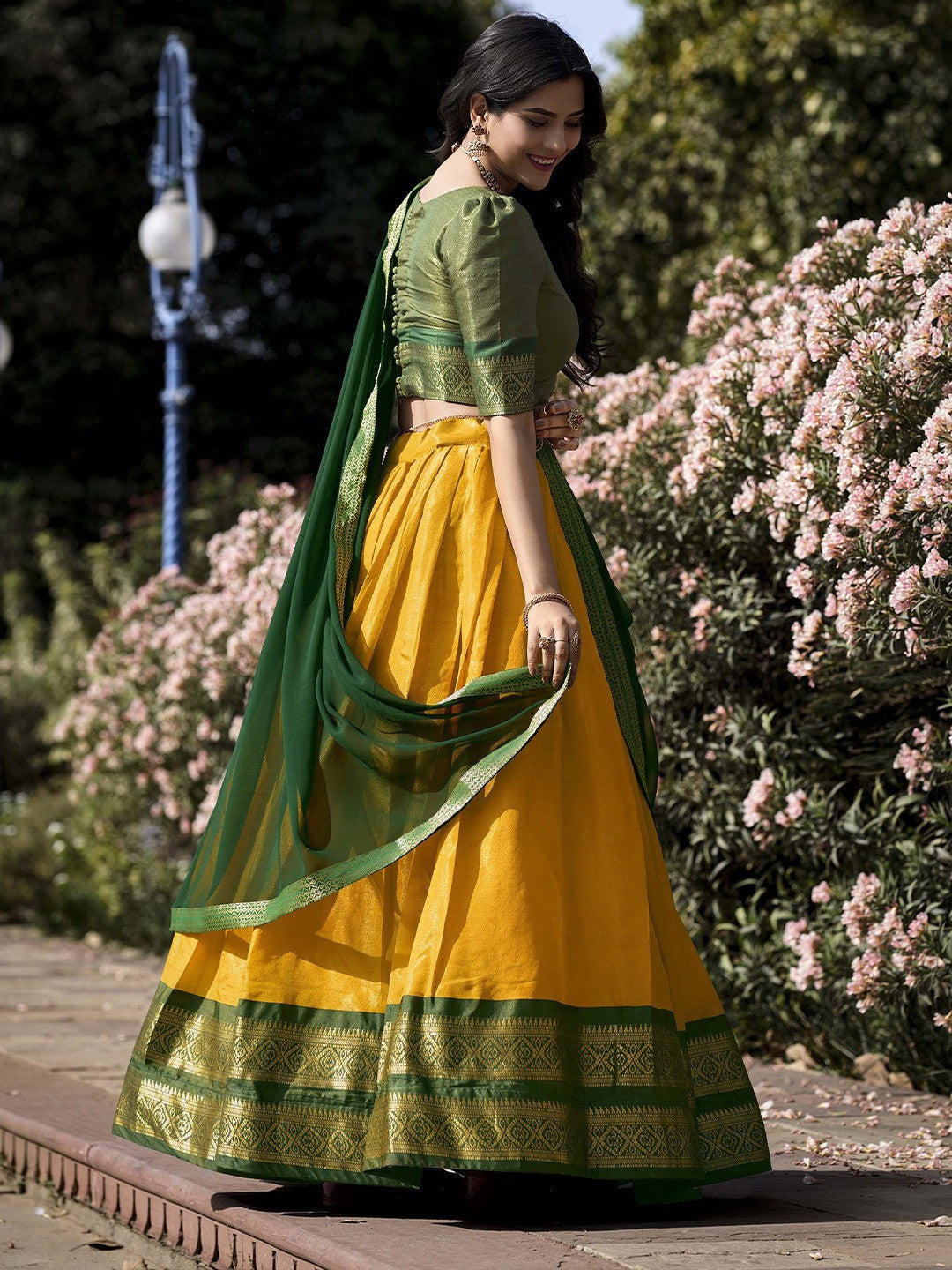Evanik Women South-Style Kanchipuram Silk Stitched Lehenga With Unstitched Blouse & Dupatta