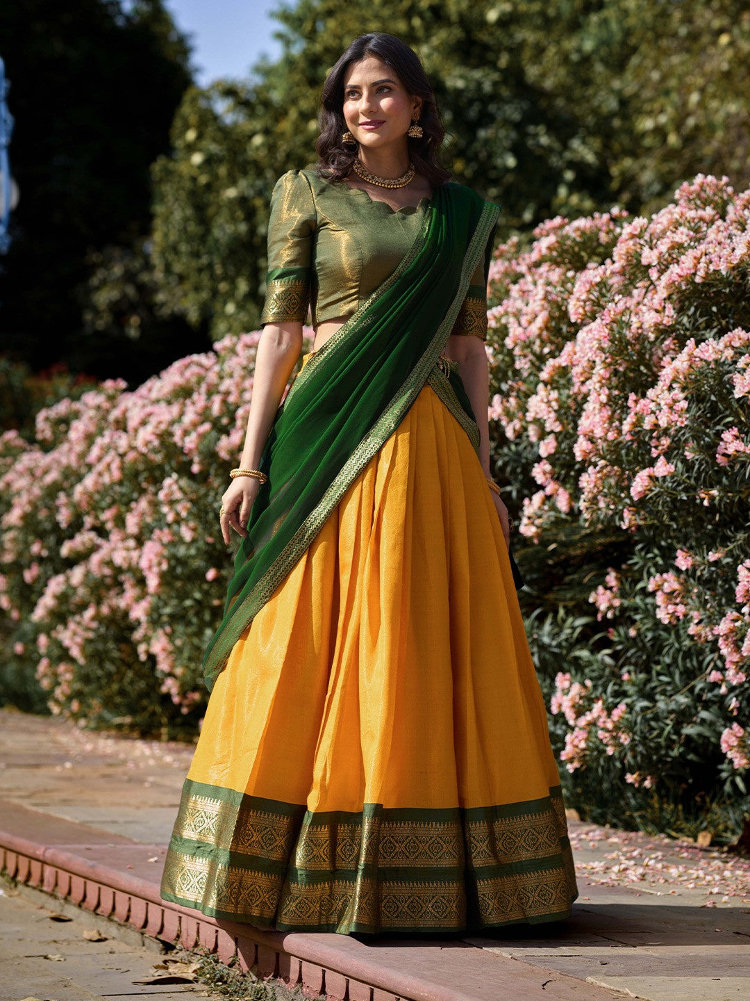 Evanik Women South-Style Kanchipuram Silk Stitched Lehenga With Unstitched Blouse & Dupatta