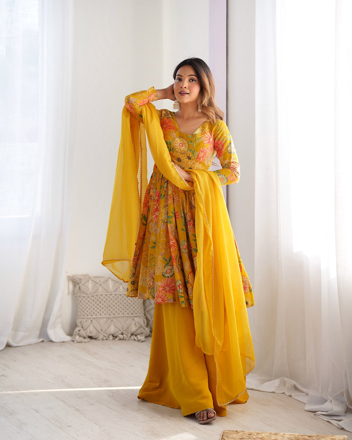 Evanik Yellow Pure Romance Silk With Print Kediya With Palazzo Suit