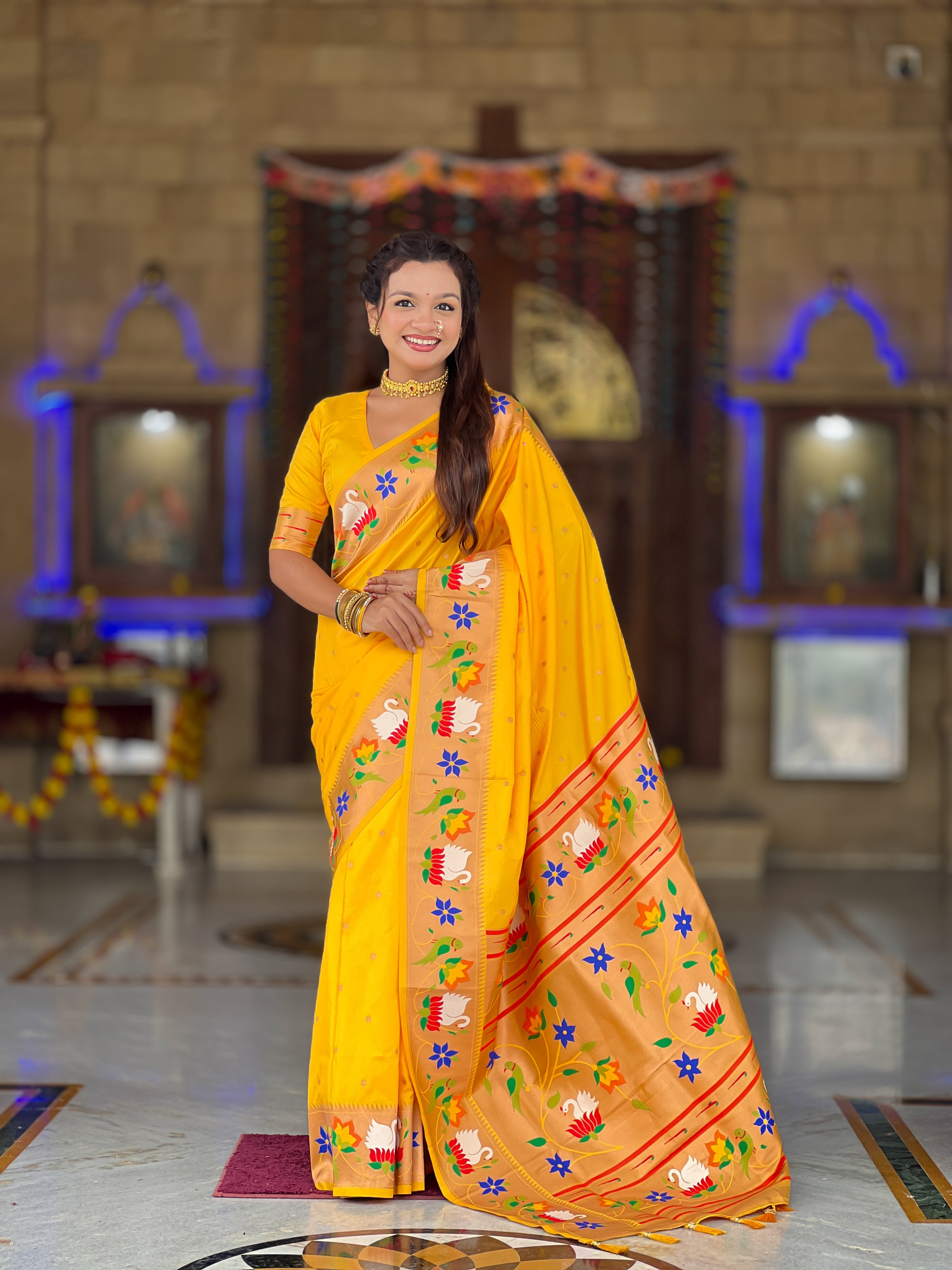 Mameraa Sarees Yellow Faux Banarasi Silk Saree With Paithani Rich Weaved Pallu And Blouse-Yellow - Dista