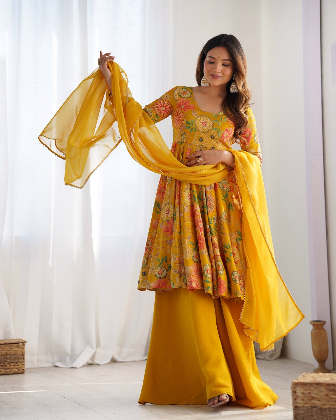 Evanik Yellow Pure Romance Silk With Print Kediya With Palazzo Suit