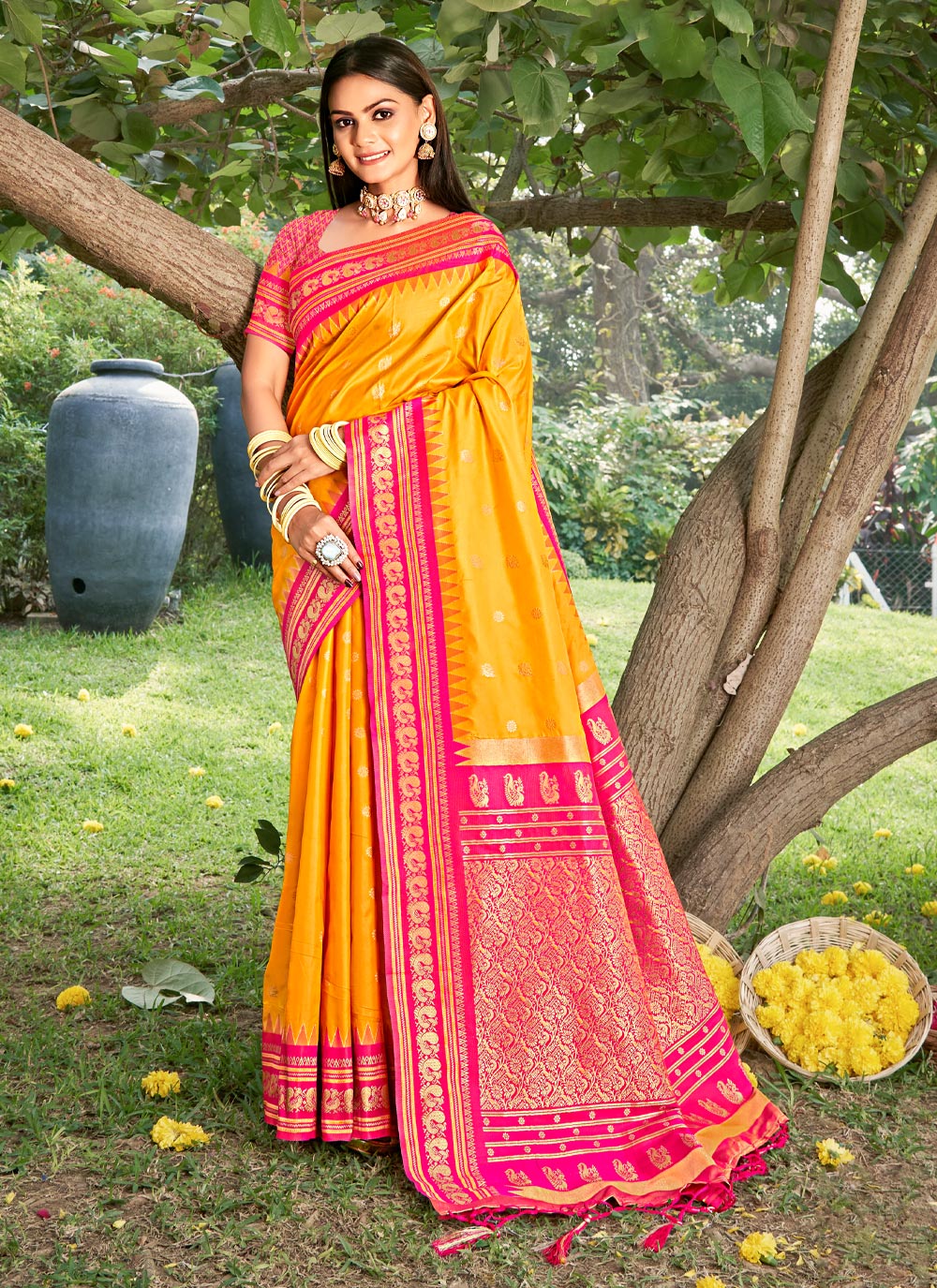 Anaita Yellow Silk Saree With Blouse Piece - Distacart
