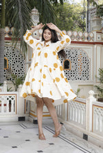 Thumbnail for Miravan Women's Polka Dot Printed Pure Cotton Yellow Loose Fit A-Line Tiered Dress - Distacart