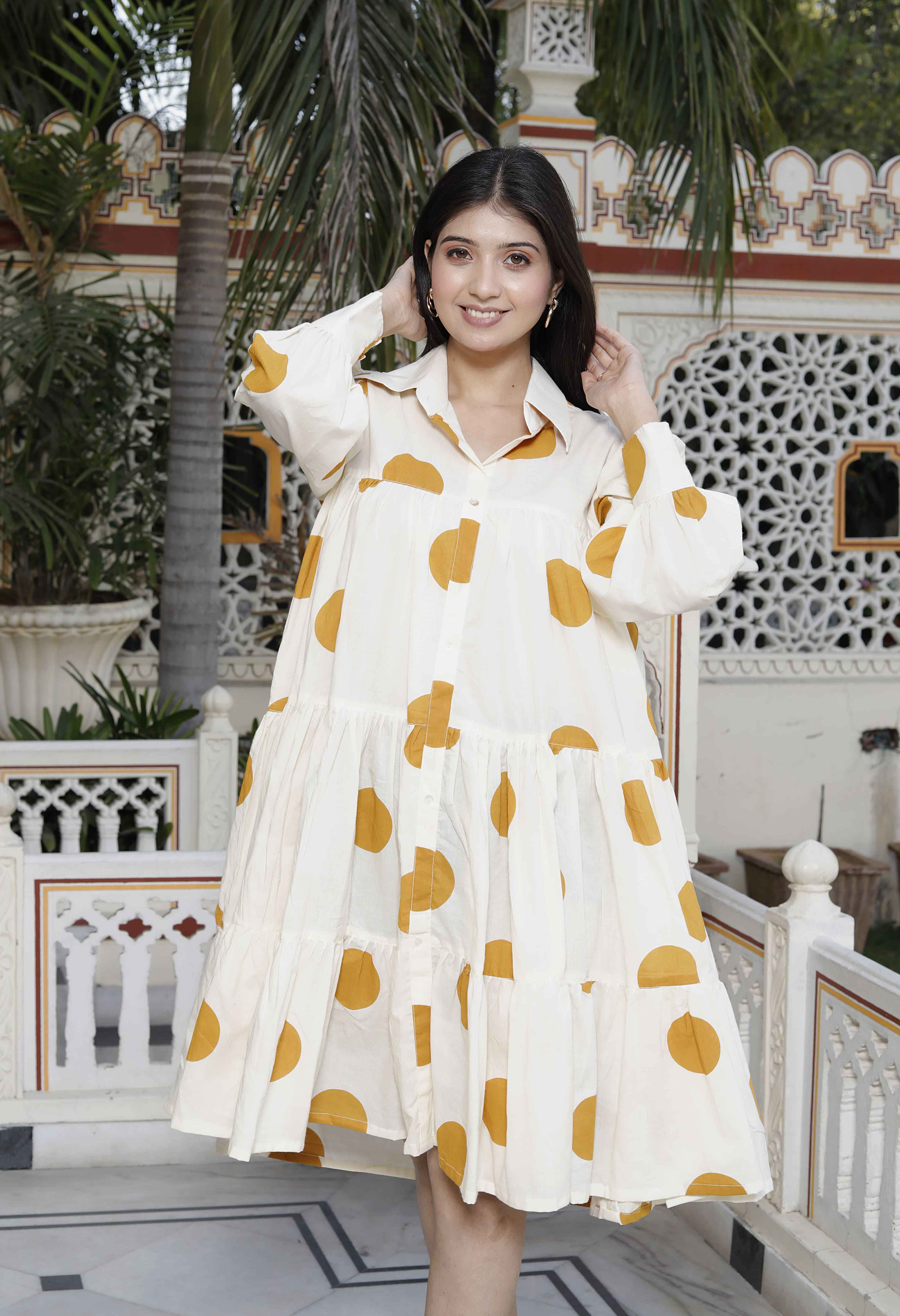 Miravan Women's Polka Dot Printed Pure Cotton Yellow Loose Fit A-Line Tiered Dress - Distacart
