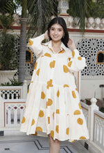 Thumbnail for Miravan Women's Polka Dot Printed Pure Cotton Yellow Loose Fit A-Line Tiered Dress - Distacart