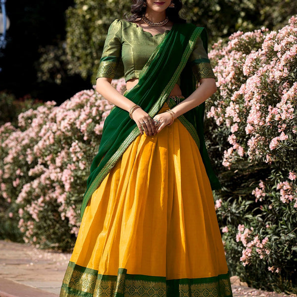 Lorenvalley Yellow Kanchipuram Zari Weaving Work Lehenga Choli with Dupatta - Distacart