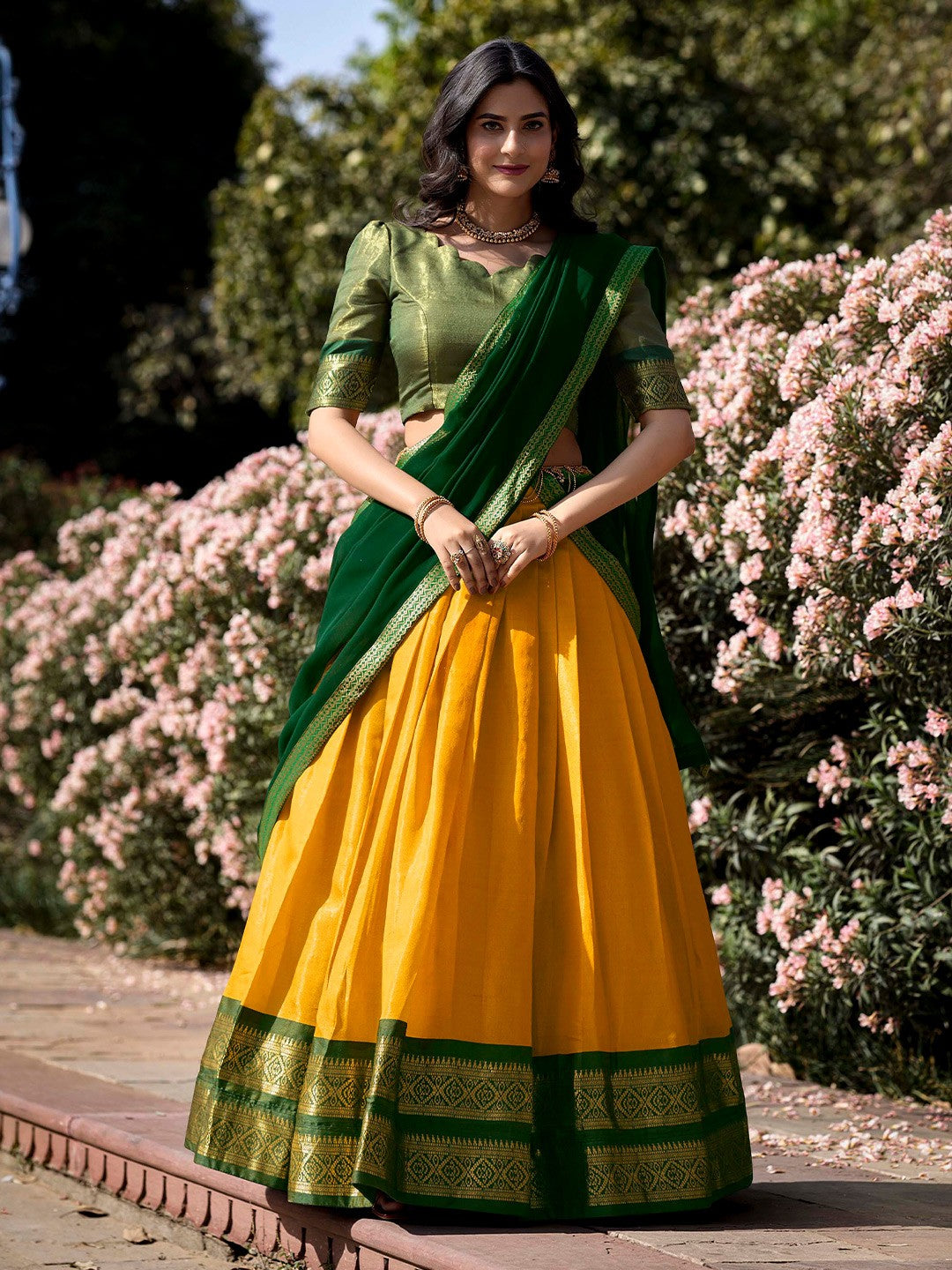 Lorenvalley Yellow Kanchipuram Zari Weaving Work Lehenga Choli with Dupatta - Distacart