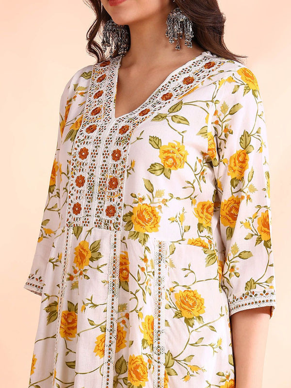 Ode by House of Pataudi Thread Work Pure Cotton Anarkali Kurta with Trousers & Dupatta - Distacart
