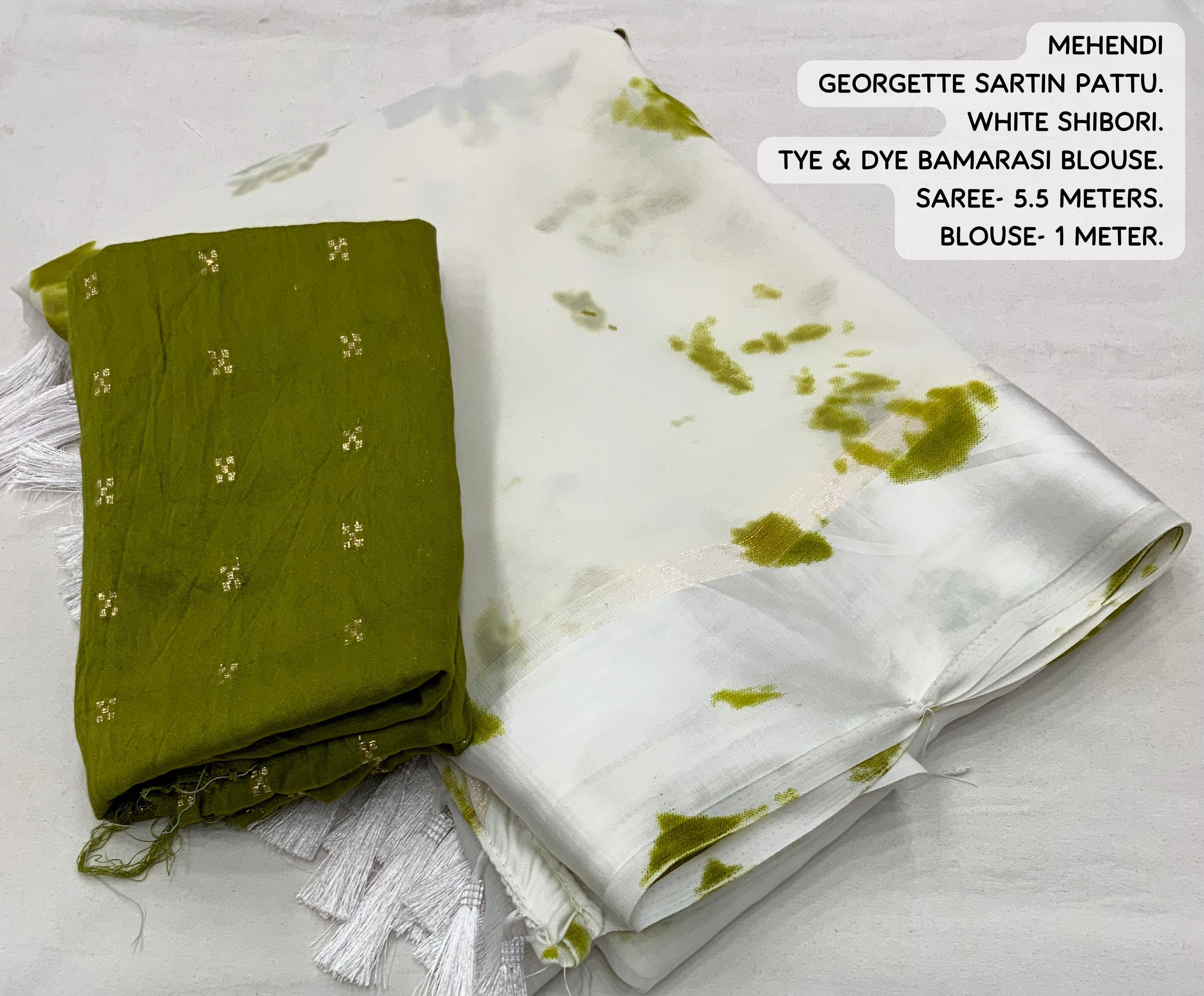 Mehndi Poly Georgette Tie and Dye Saree with Unstitched Blouse - Hiral Fashion - Distacart