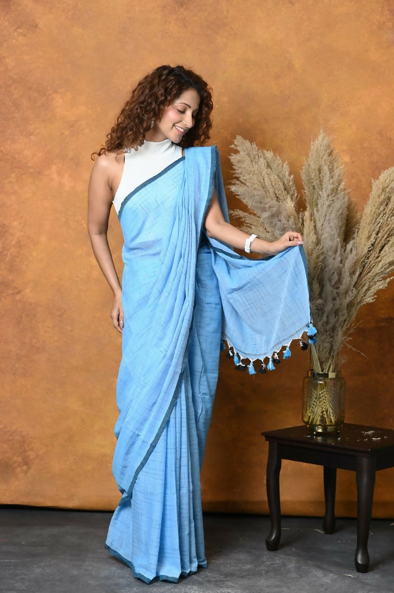 Very Much Indian Mul Cotton Khadi Design Handloom Woven Saree - Blue - Distacart
