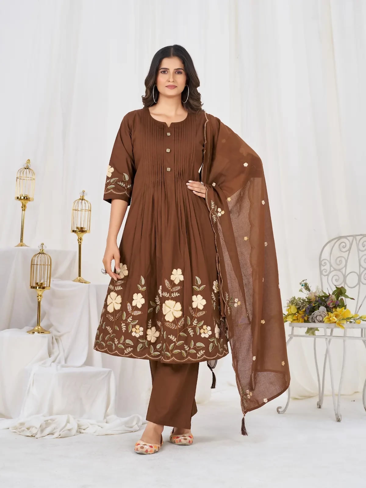 Teeya Creation Brown Women Embroidered Cotton Blend A-Line Kurta Set with Pants and Scalloped Dupatta - Dista