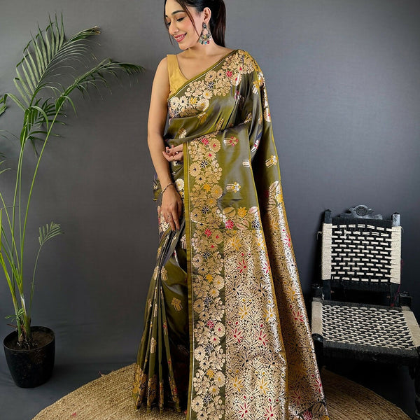 Joban Fashion Meenakari Mehendi Green Woven Soft Silk Saree - Distacart