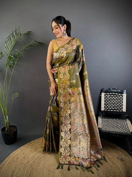 Joban Fashion Meenakari Mehendi Green Woven Soft Silk Saree