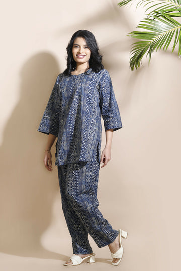 Breathables Blue Abstract Cotton Kurta & Pant Co-Ord Set - Dista