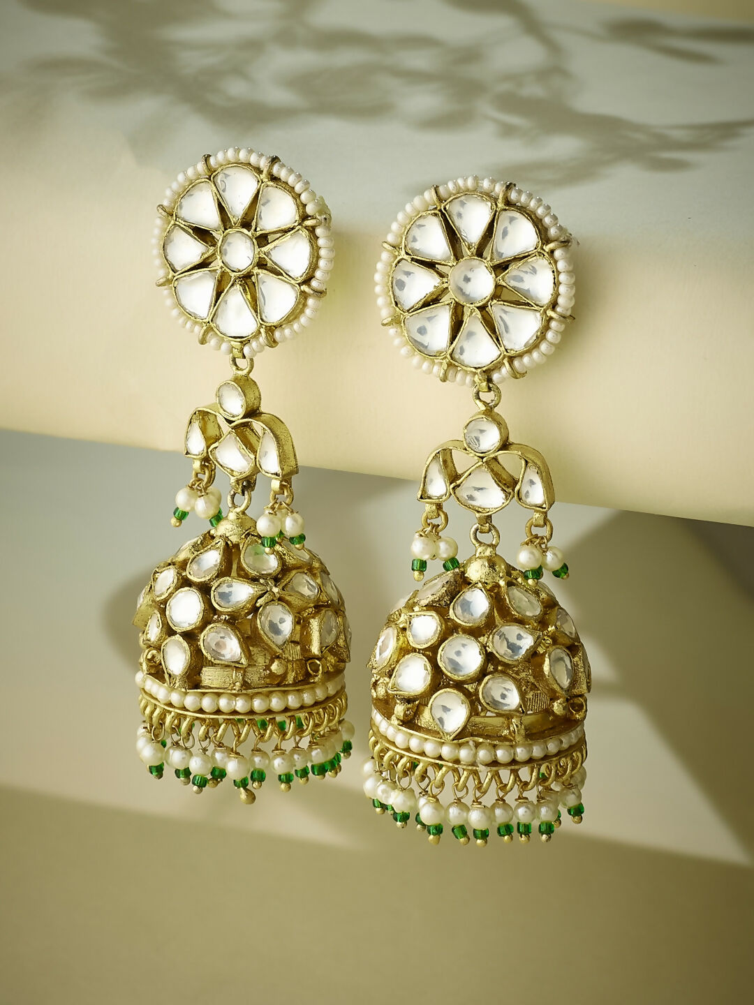 Nuyug 22K Gold-Plated Kundan Stone Studded & Pearl Beaded Dome Shaped Jhumkas
