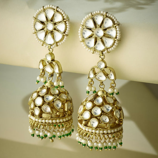 Nuyug 22K Gold-Plated Kundan Stone Studded & Pearl Beaded Dome Shaped Jhumkas