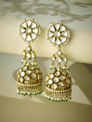 Nuyug 22K Gold-Plated Kundan Stone Studded & Pearl Beaded Dome Shaped Jhumkas