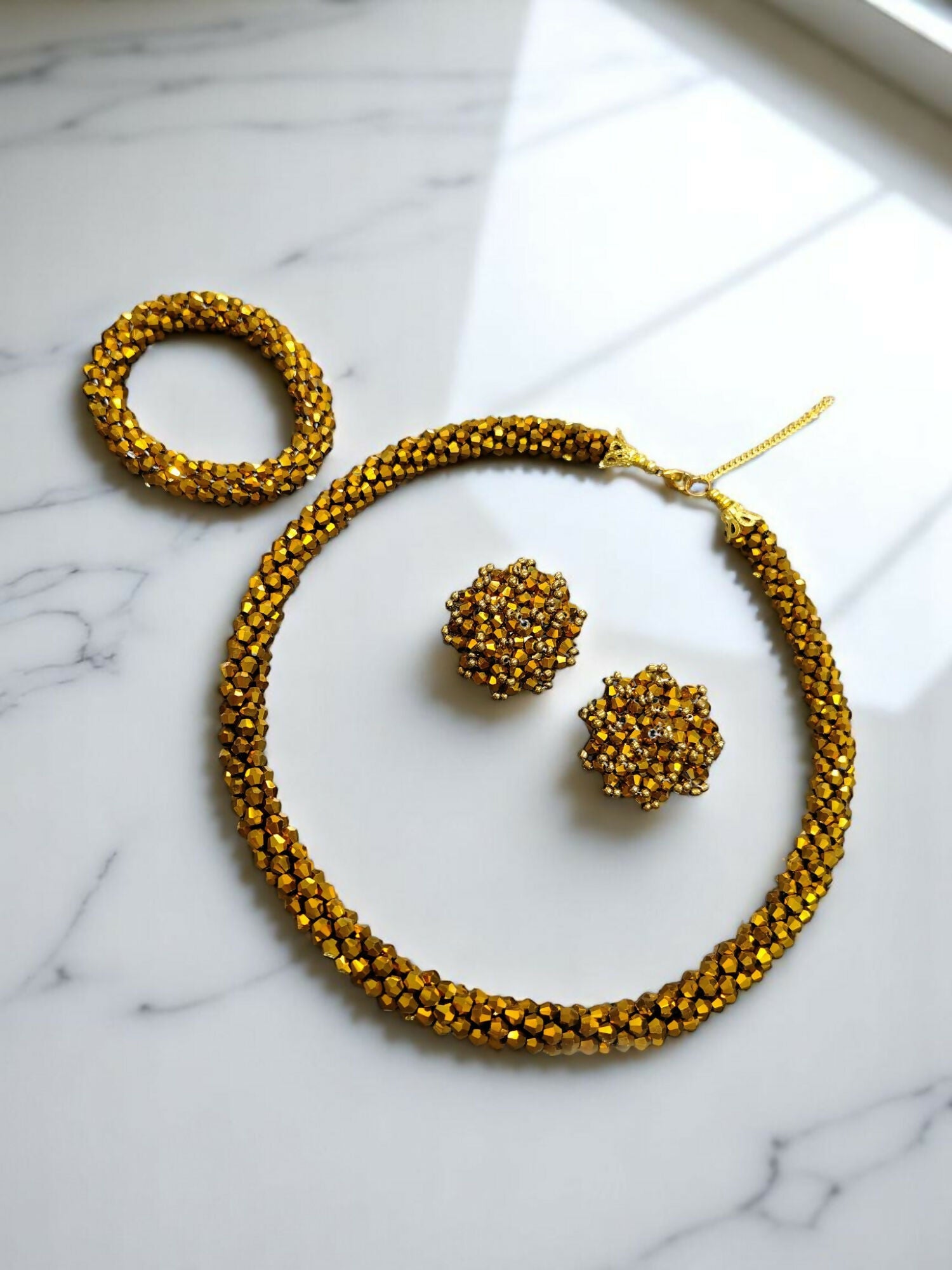 Inhanns Complete Look Crystal Statement 3-Piece Set (Adjustable Necklace + Earrings + Adjustable Bangle ) - Gold - Distacart