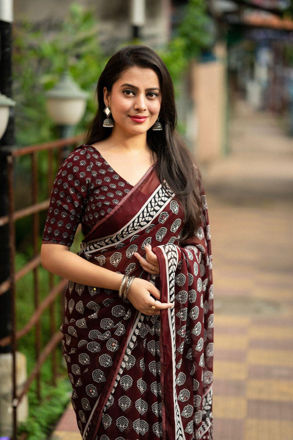 Maroon Poly Georgette Ajrak Saree with Unstitched Blouse - Hiral Fashion - Distacart