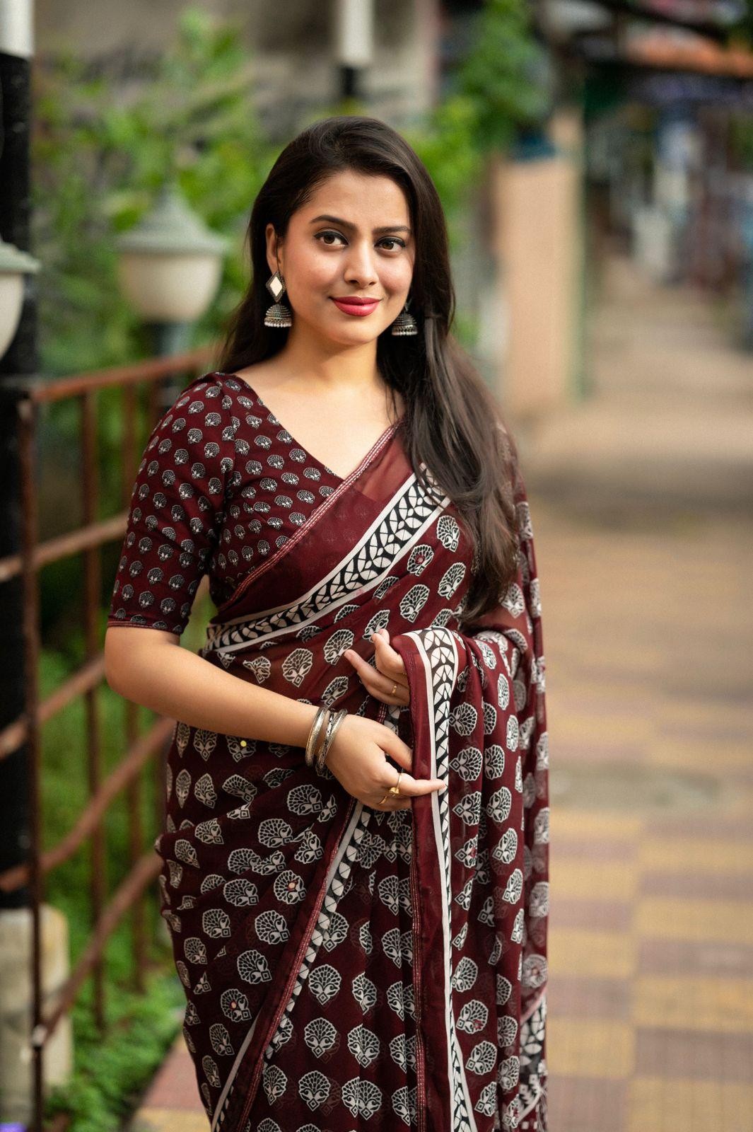 Maroon Poly Georgette Ajrak Saree with Unstitched Blouse - A2M - Distacart