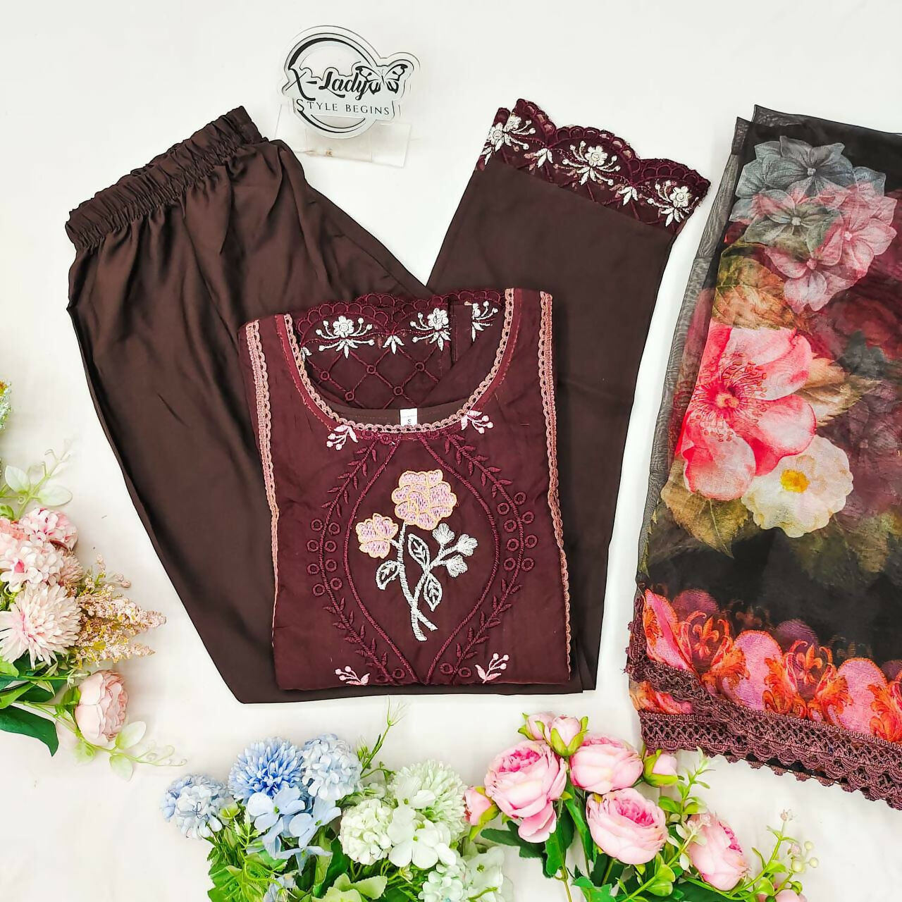 Preksha Creation Pure Organza Fabric With Embroidery Work Women Gown With Dupatta And Pant - Brown - Distacart